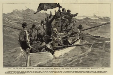 Der Verlust der S.S. Kenmure Castle, die Überlebenden sichten den französischen Dampfer Montataire, 4. Februar 1883